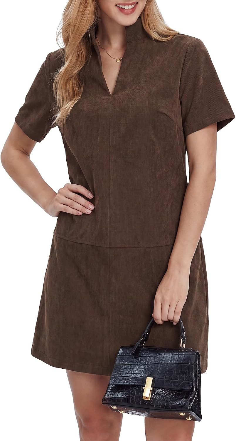 EZAPINE Corduroy Dress for Women Short Sleeve V Neck Fall Winter Mini Dress | Amazon (US)