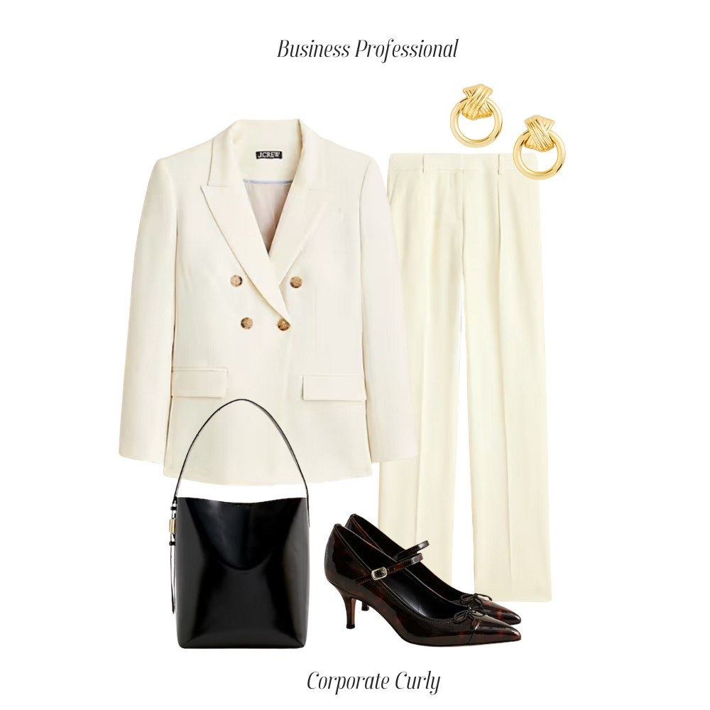 Proof that business professional doesn’t have to be boring. This ivory suit is crisp, clean, and quietly commanding—perfect for spring meetings and boss moves. 
spring business professional outfit, ivory suit for work, power dressing inspo, spring office fashion, corporate chic style, structured blazer look, jcrew blazer suit, professional spring workwear, neutral work outfit, polished office style, corporate curly looks



#LTKStyleTip #LTKWorkwear #LTKShoeCrush