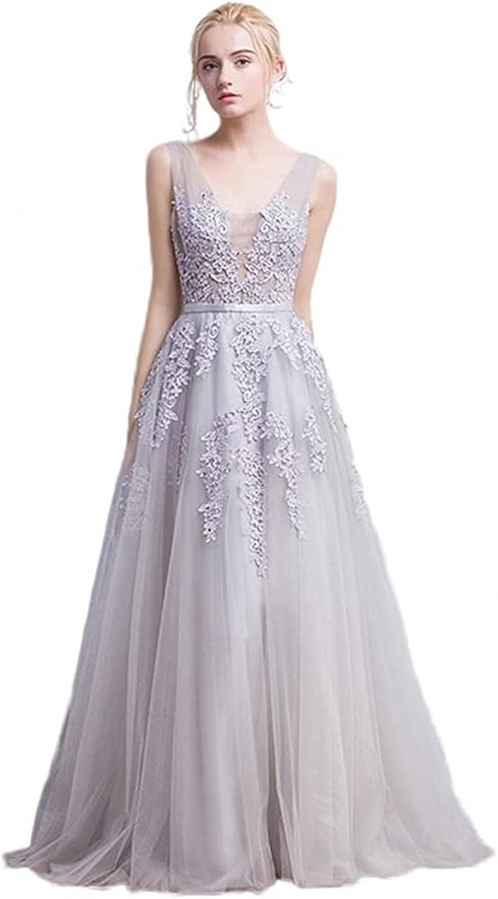 Babyonline Women's Double V-Neck Tulle Appliques Long Evening Cocktail Gowns | Amazon (US)