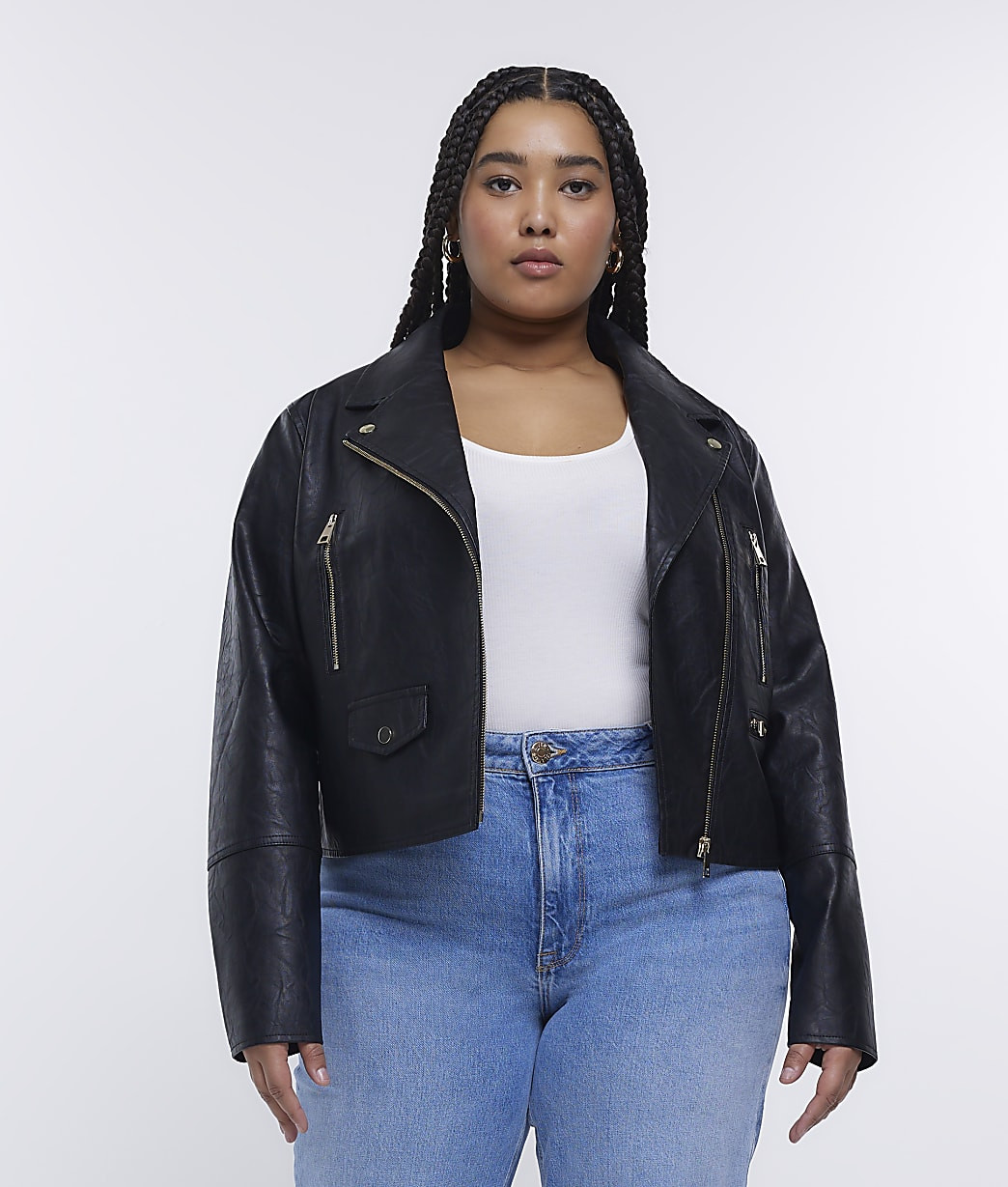 River Island Womens Plus Black Faux Leather Biker Jacket | River Island (UK & IE)