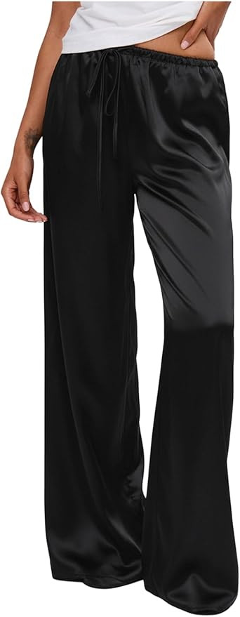 MakeMeChic Women's Summer Satin Silk Pants Casual Flowy Pants Beach Vacation Wide Leg Pants | Amazon (US)