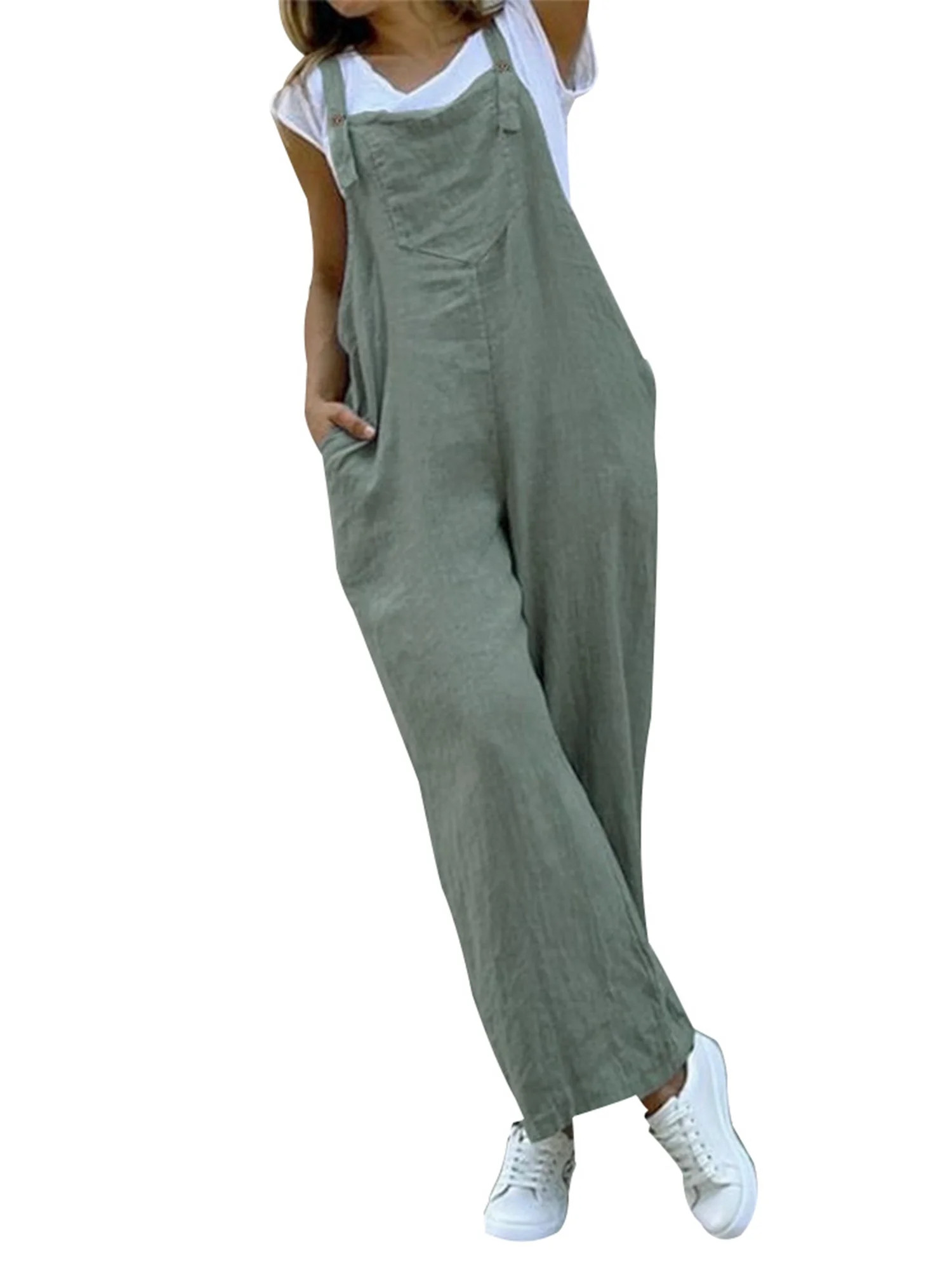 Keeccty Women Solid Cotton Linen Loose One-piece Casual Loose Pockets Jumpsuit | Walmart (US)