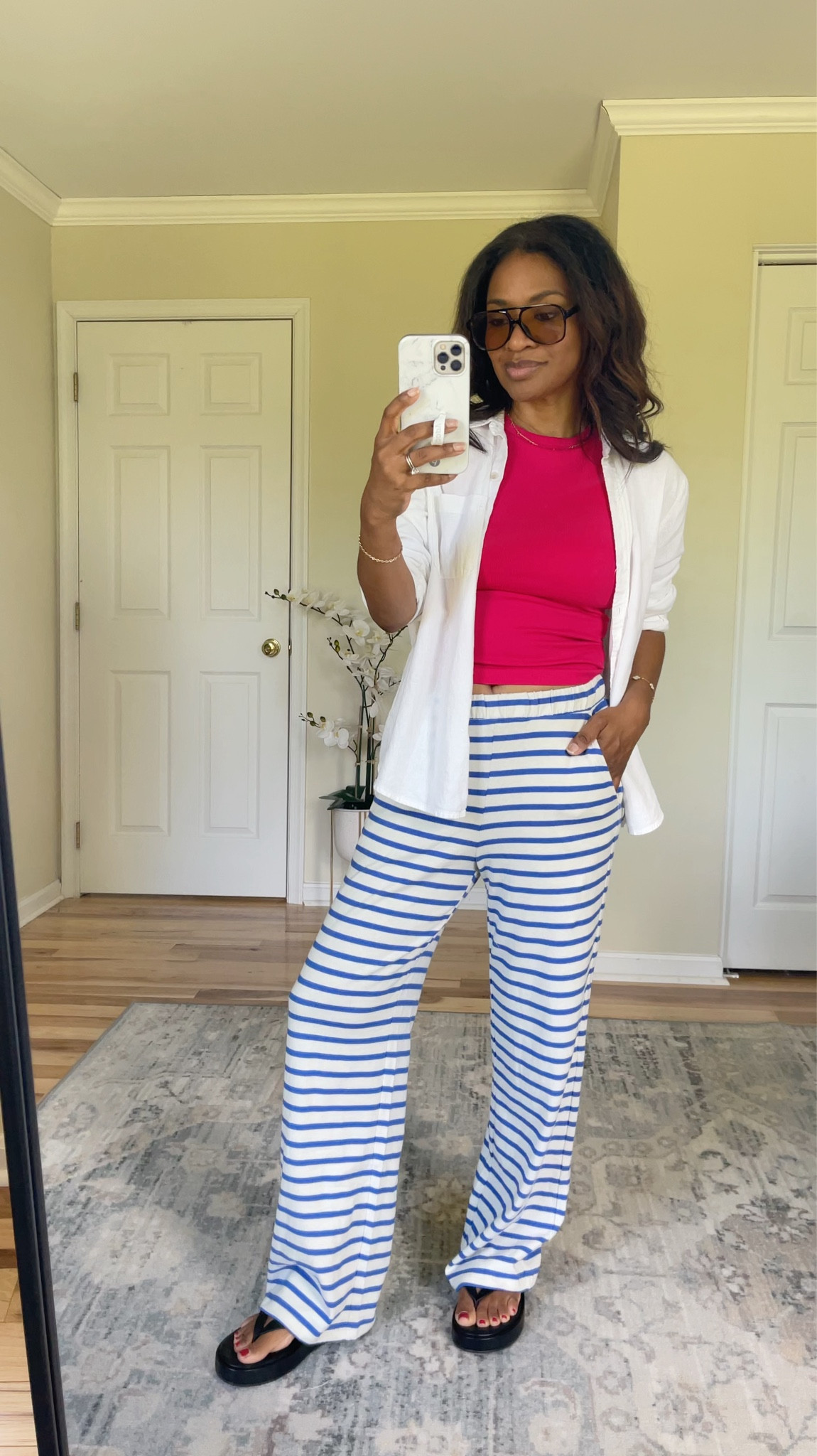 Wearing a medium in the top (I recommend sizing up at least two sizes if you have a large cup size like I do). And wearing a small in the pants which are TTS. Wearing a medium in the linen button down (linking similar ones) 

 #ltkover40 #ltkgrwm #ltkootd