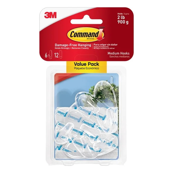 Command Clear Medium Hooks, Holds 2 lbs, Damage Free Decorating, 6 Hooks, 12 Adhesive Strips | Walmart (US)