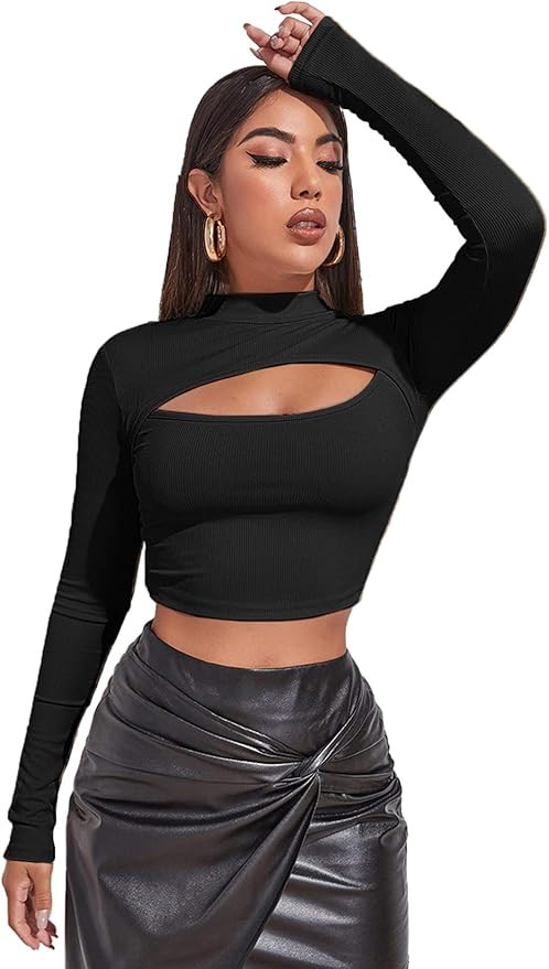 SheIn Women's Long Sleeve T Shirt Front Cut Out Basic Knit Mock Neck Crop Top | Amazon (US)