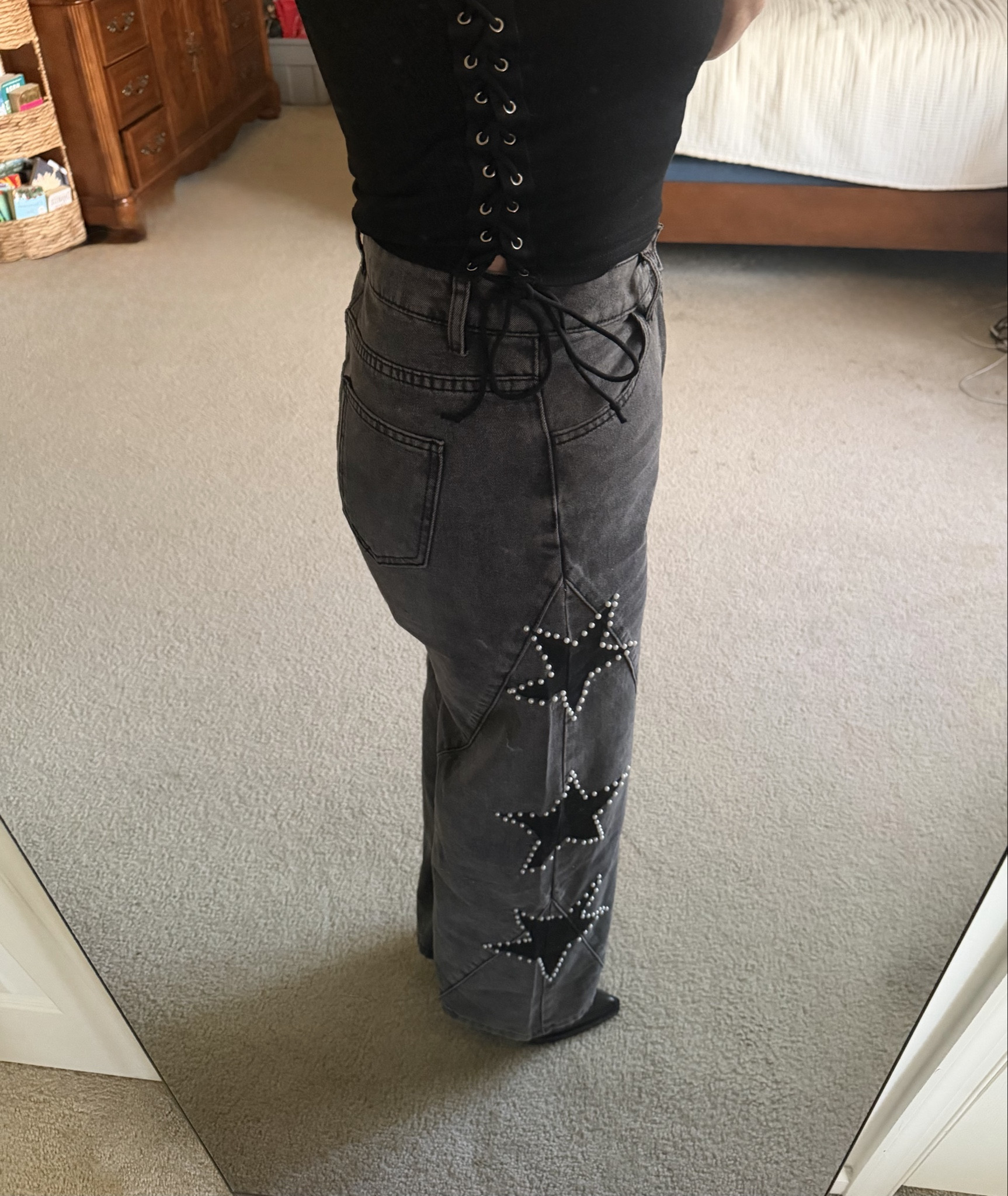 A little edgy, a little y2k, still an effortless & affordable hot girl ootd🔥 
These jeans are my newest obsession & a must have- wearing a medium
Got a large in top so it wasn’t too cropped
This set makes you look trendy & put together for a day out or date night with minimal effort ⭐️ 
Black leather booties on sale on Amazon right now!!

#LTKWomens #LTKstyle #amazonfashion #statementdenim #vintage #punkstyle #rockerstyle #concert #springstyle #summeroutfits 

#LTKMidsize #LTKSaleAlert #LTKootd