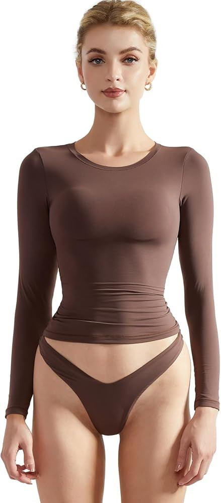 SUUKSESS Women Double Lined Fitted Basic T Shirts Crew Neck Long Sleeve Crop Top | Amazon (US)