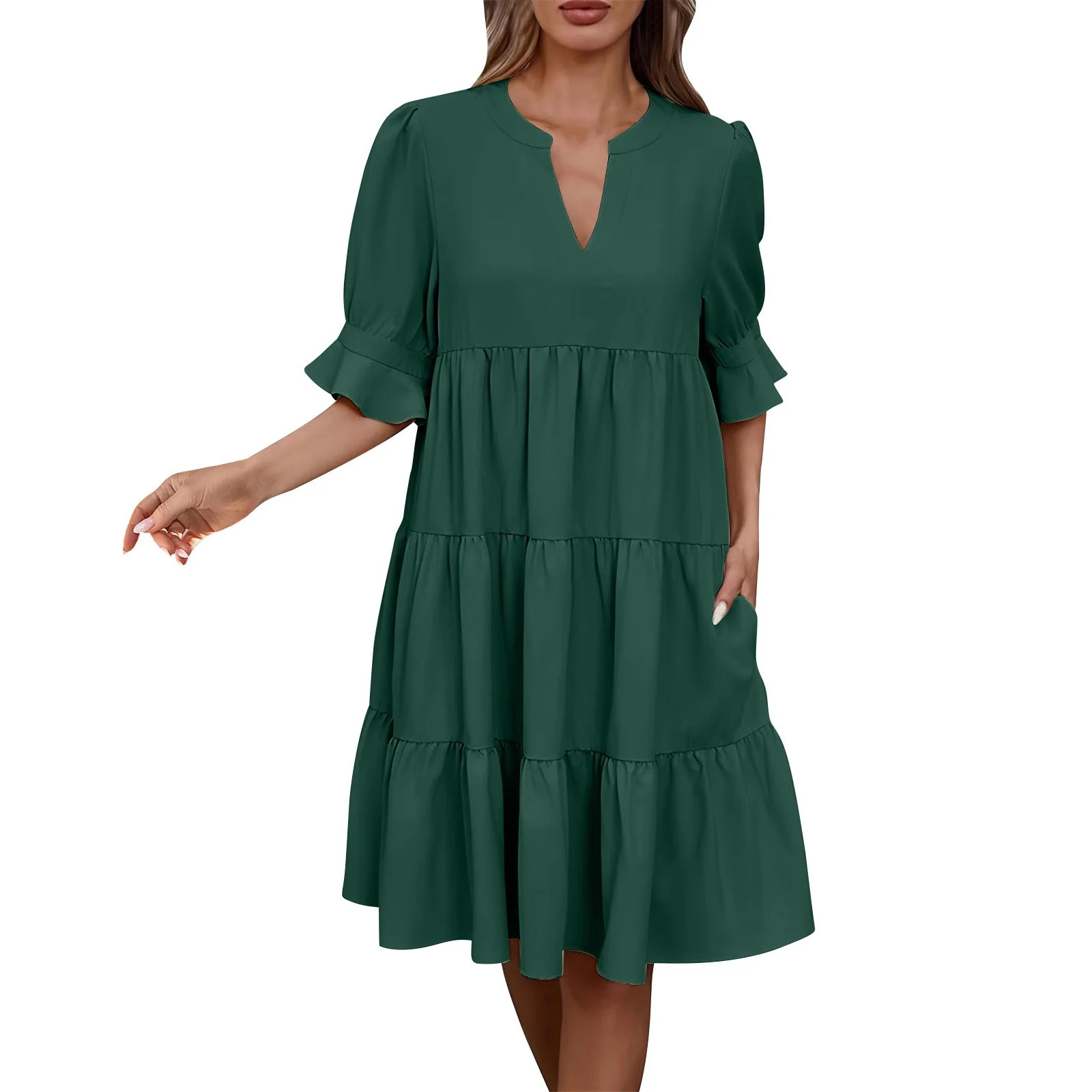 Oplxuo Tiered Ruffle Dress Women Summer Loose 3/4 Sleeve A Line Mini Dress Pleated V Neck Baby Do... | Walmart (US)