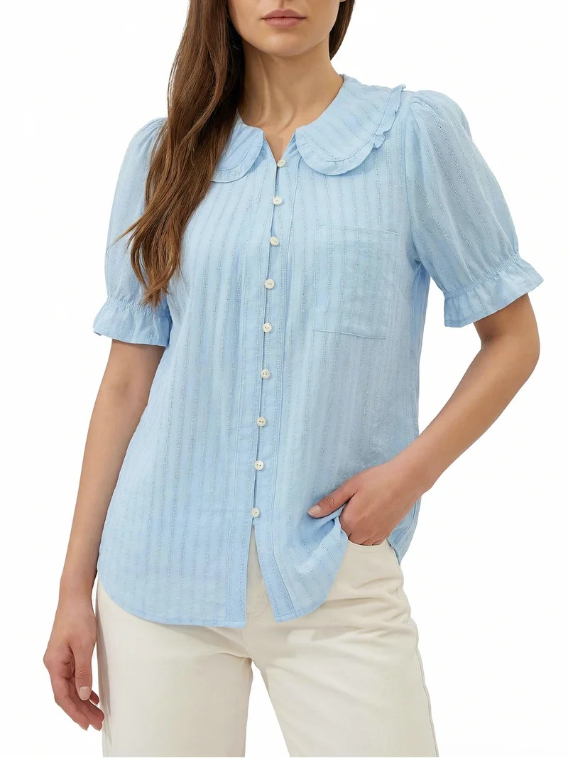 PRETTYGARDEN Women's V Neck Poplin Short Sleeve Button Up Top, Sizes S-XXL | Walmart (US)