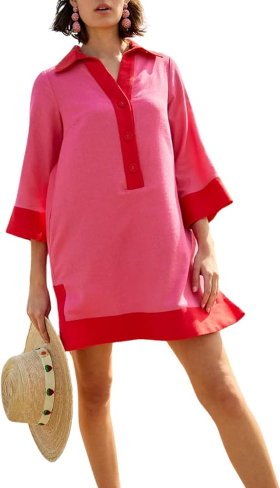 Omoone 2025 Swimsuit Coverup for Women Color Block Summer Beach Dresses V Neck Mini Linen Dress S... | Amazon (US)