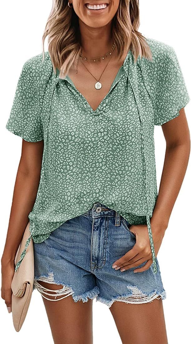 Women's Casual Floral Ruffle Short Sleeve Tops Cute Boho V Neck Loose Blouses Summer Fall Shirts | Amazon (US)