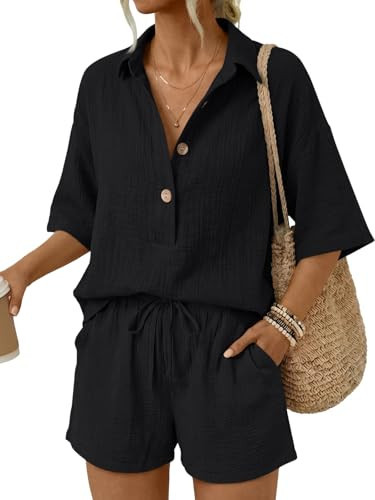 LILLUSORY Women 2 Piece Linen Short Sets 2026 Summer Vacation V Neck Short Sleeve Beach Outfits Oversized Button Cotton Pjs Black L | Amazon (US)