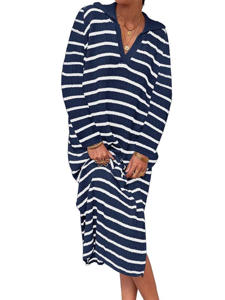 Saodimallsu Womens Striped Sweater Dress Fall Chunky Knit V Neck Collared Long Sleeve Sexy Slit L... | Amazon (US)