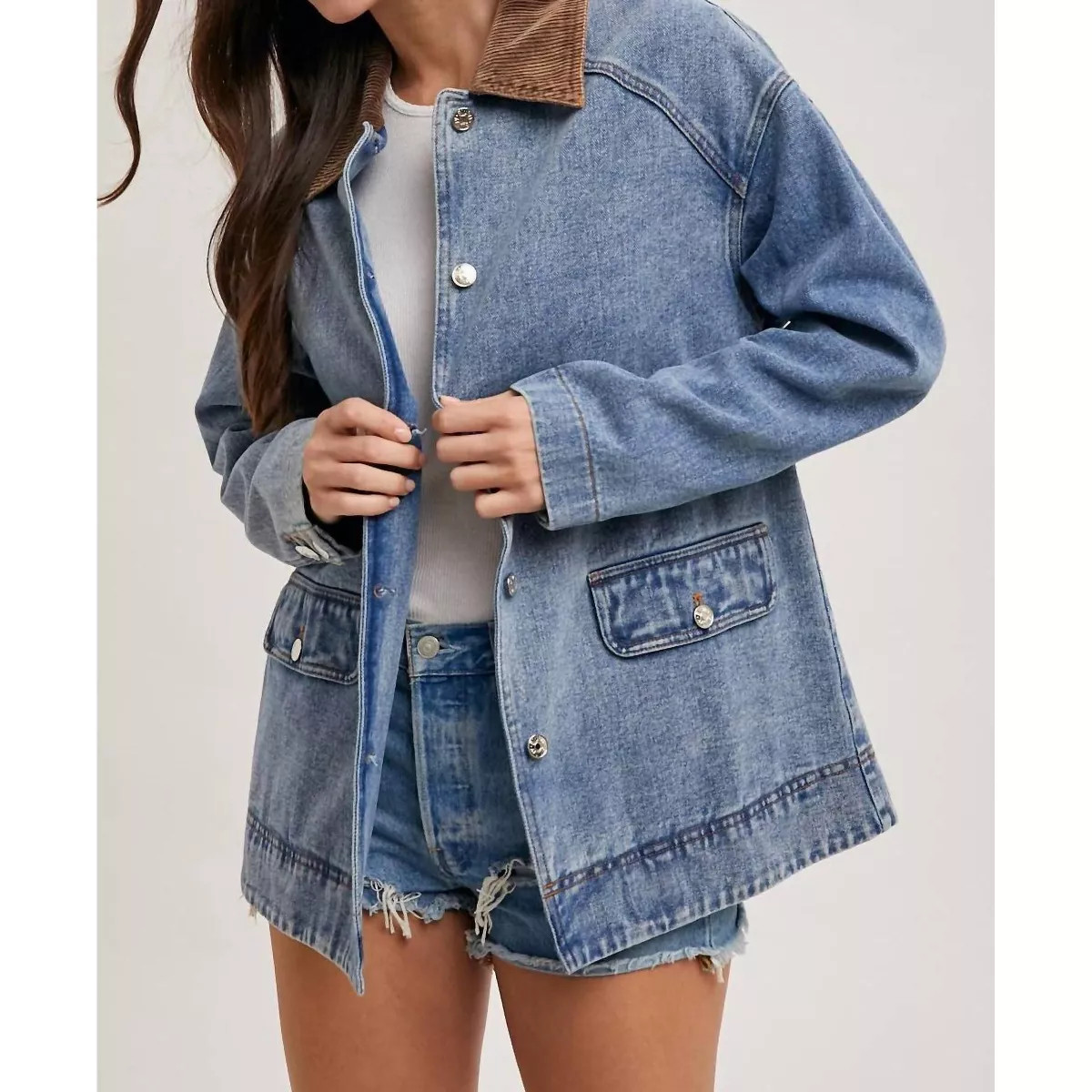 Women's Denim with Corduroy Collar Contrast Barn Coat Jacket - BluIvy S | Target
