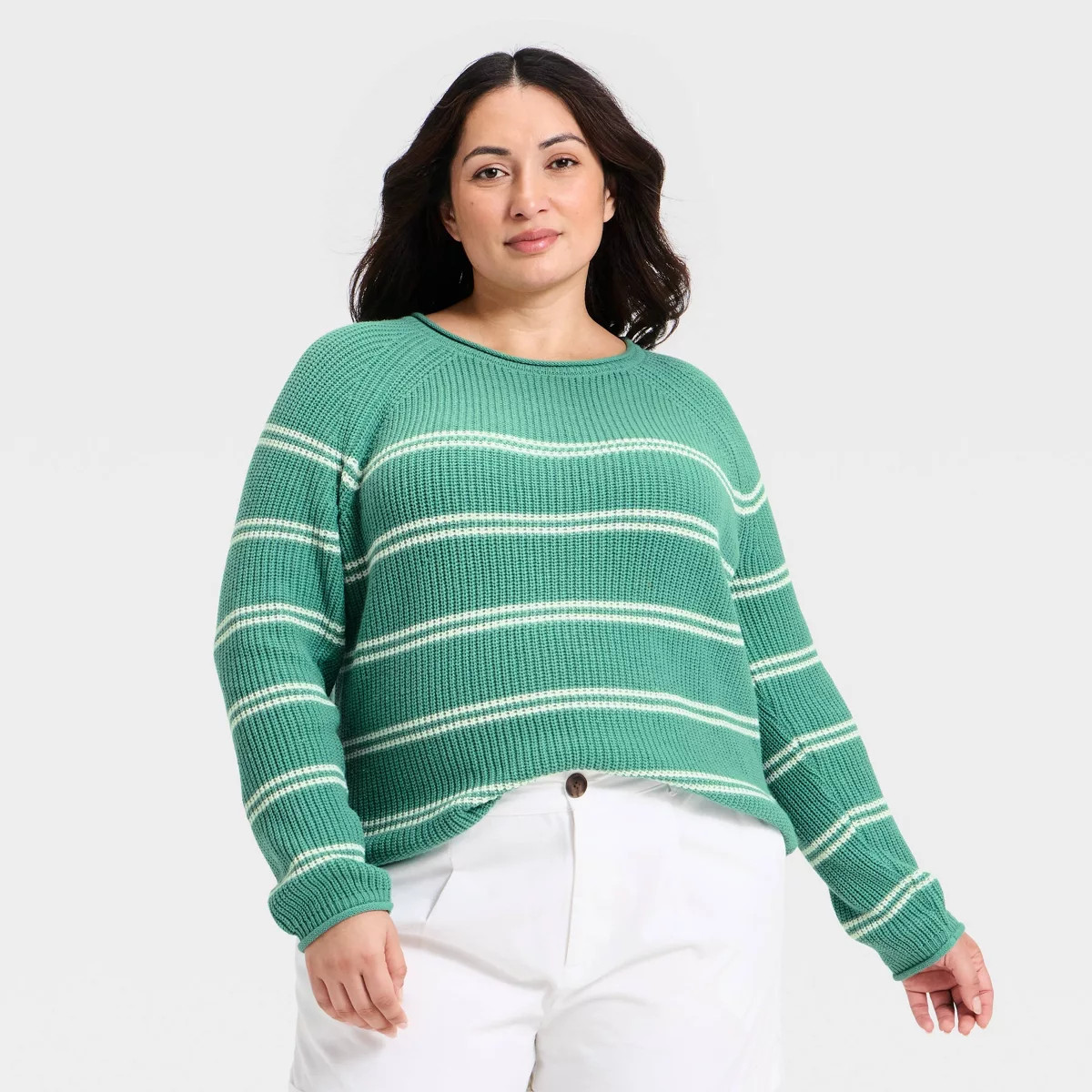 Women's Knit Pullover Sweater - A New Day™ Green/Cream Striped XXL | Target