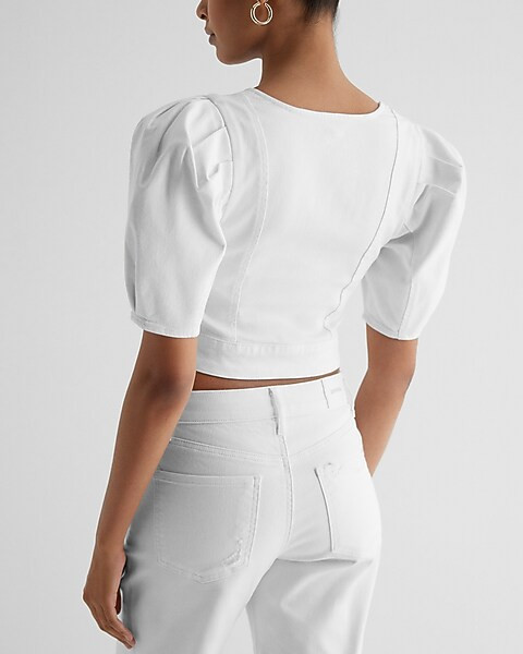Denim Puff Sleeve Corset Cropped Top | Express
