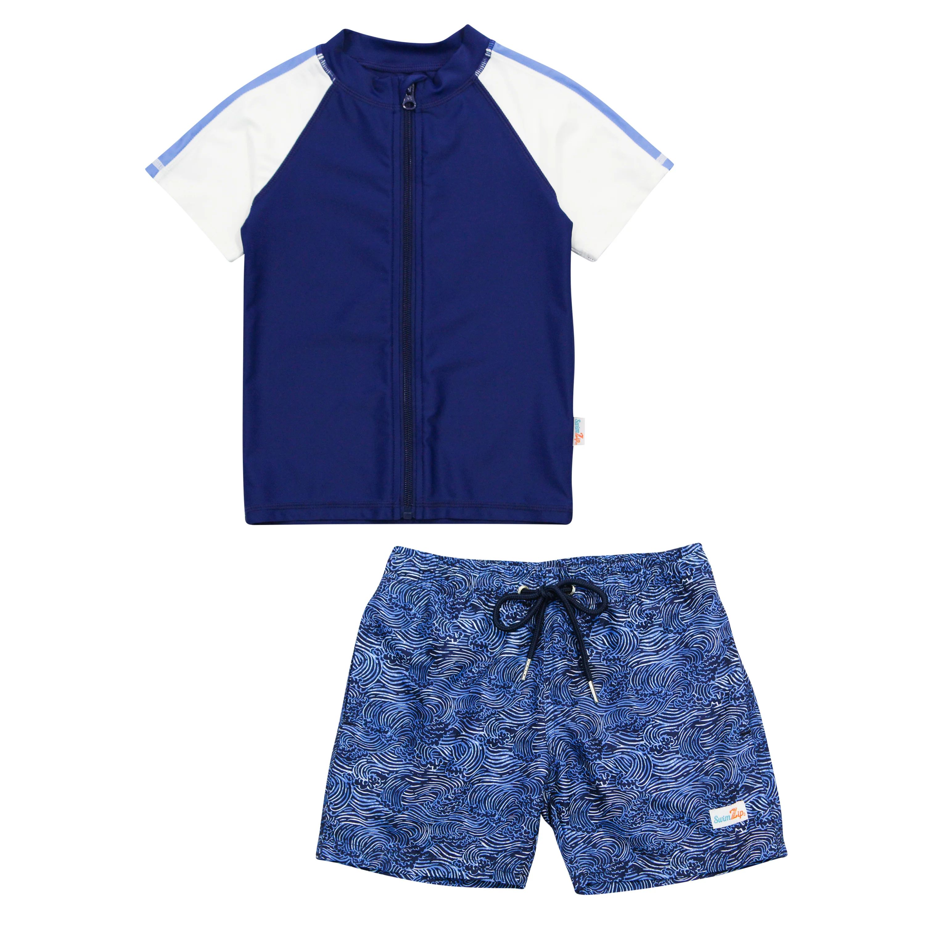 Boys Short Sleeve Zipper Rash Guard and Swim Trunk Set | "Ocean Breeze" | UPF 50+ Protection | SwimZip