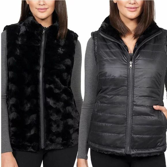 Nicole Miller Women's Faux Fur Reversible Vest, Black Large | Walmart (US)