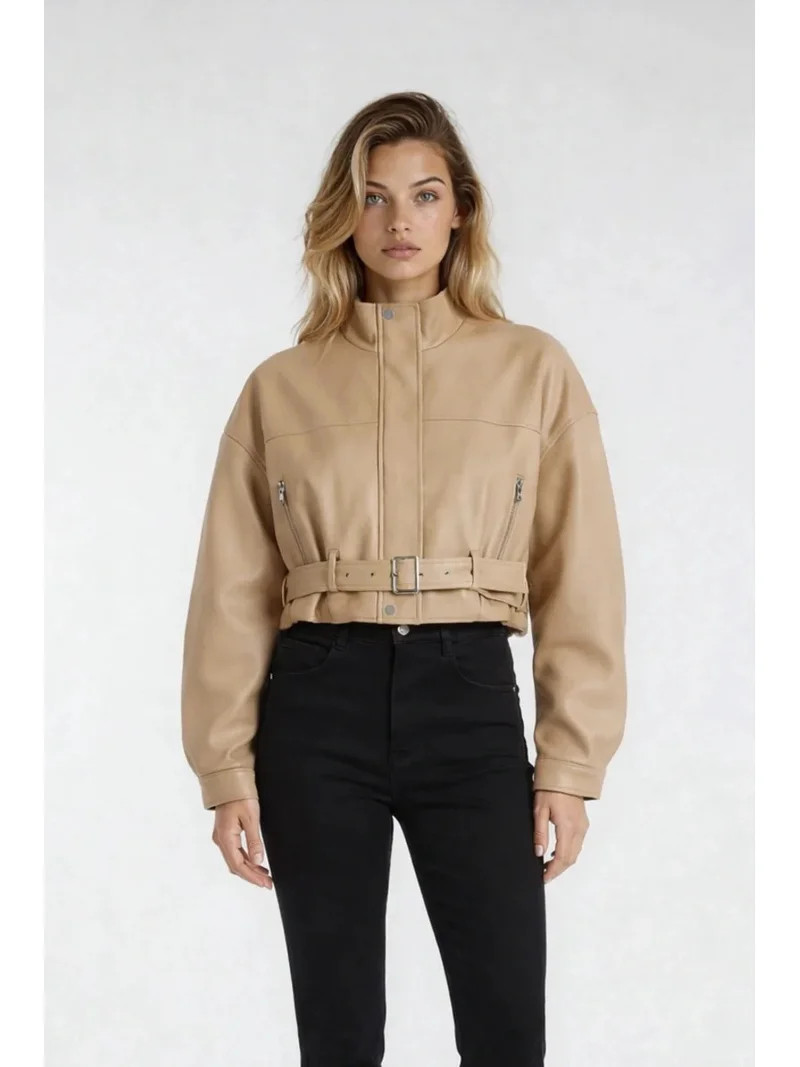 Forever 21 Faux Leather Belted Cropped Jacket, Color-Cream, Size-S | Walmart (US)