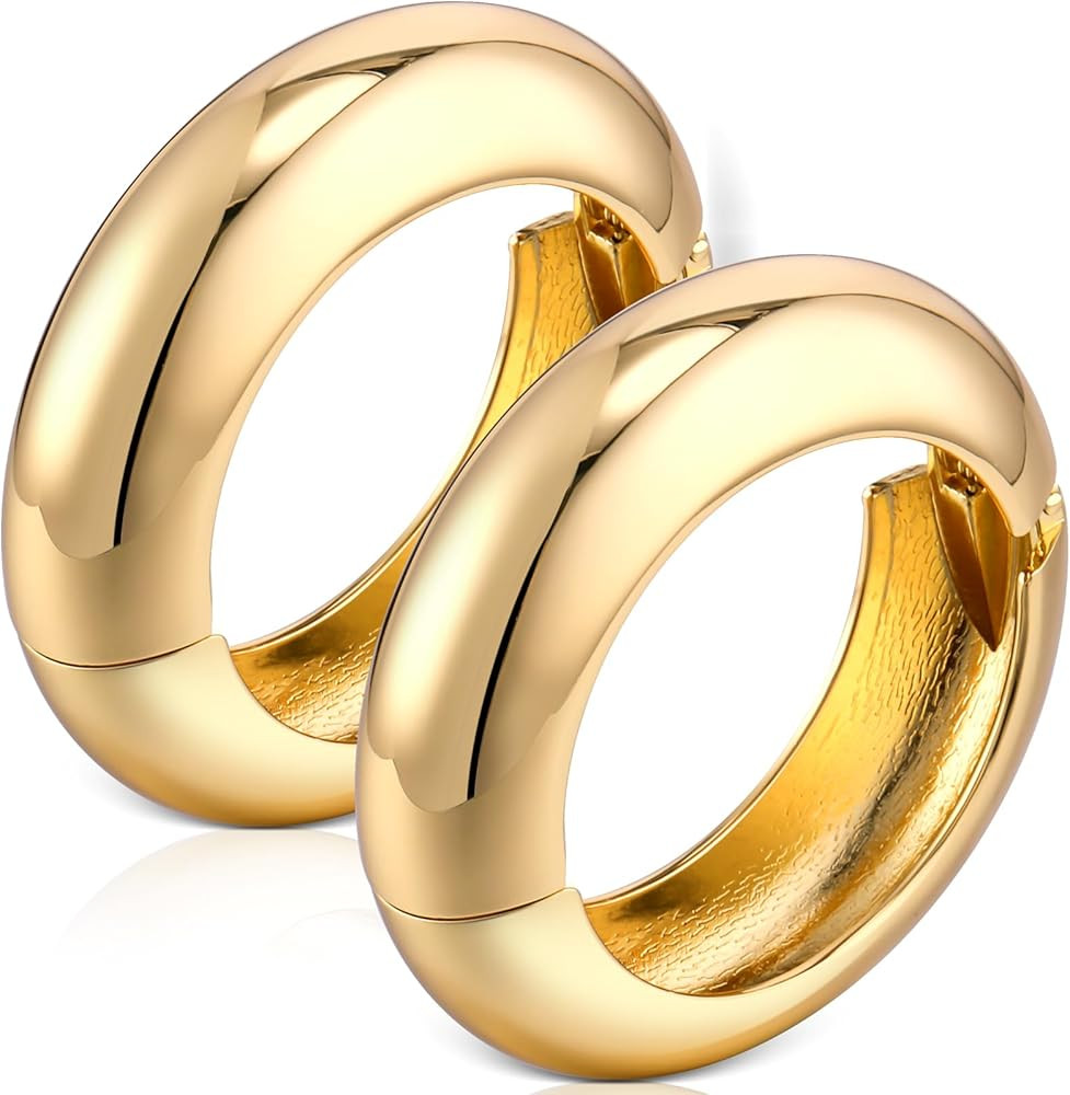 Tondiamo 2 Pcs Chunky Gold Bangle Bracelets for Women Hinged Big Wide Trendy Cuff Bracelet Fashio... | Amazon (US)