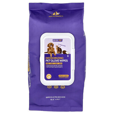 HICC Pet, Deodorizing Pet Glove Wipes, For Dogs & Cats, Coconut, 20 Pieces | iHerb