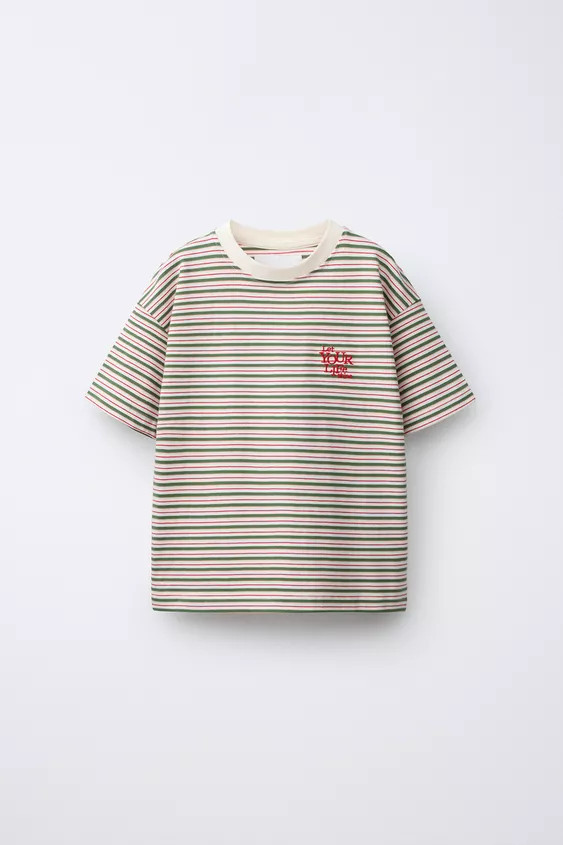 STRIPED T-SHIRT WITH EMBROIDERED SLOGAN | Zara UK