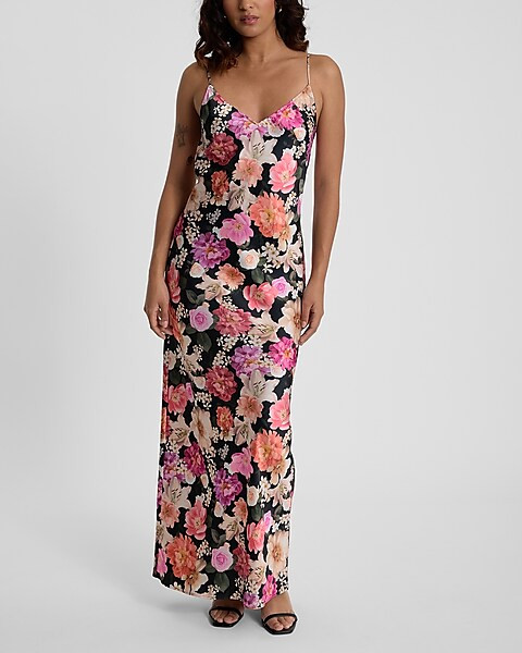 Floral Satin V-Neck Maxi Downtown Cami Slip Dress | Express