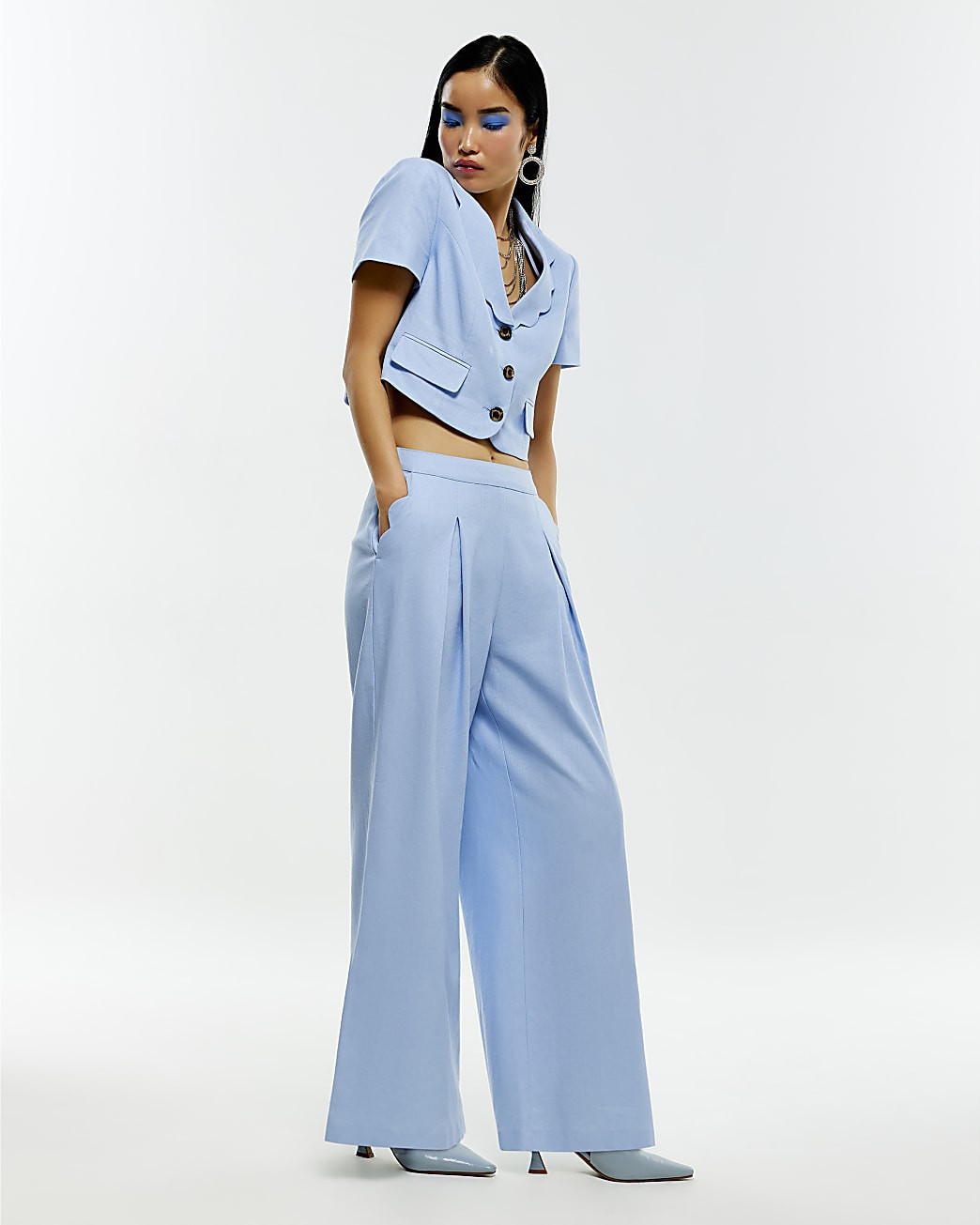Blue Linen Blend Scallop Wide Leg Trousers | River Island UK & IE