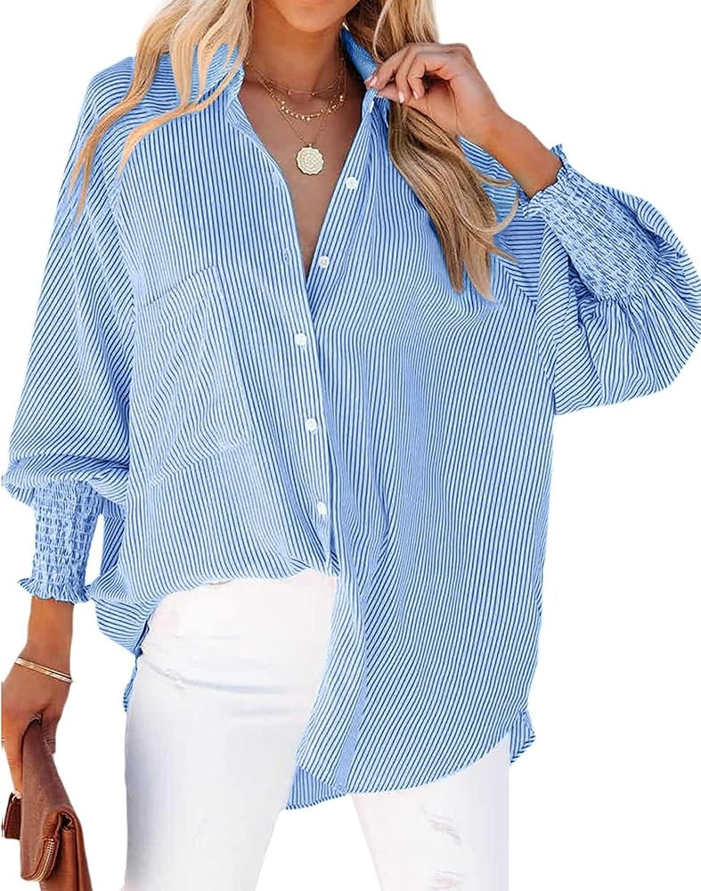 Womens Striped Button Down Shirts Smocked Puff Sleeve Boyfriend Blouse Collar Oversized Work Tops... | Amazon (US)