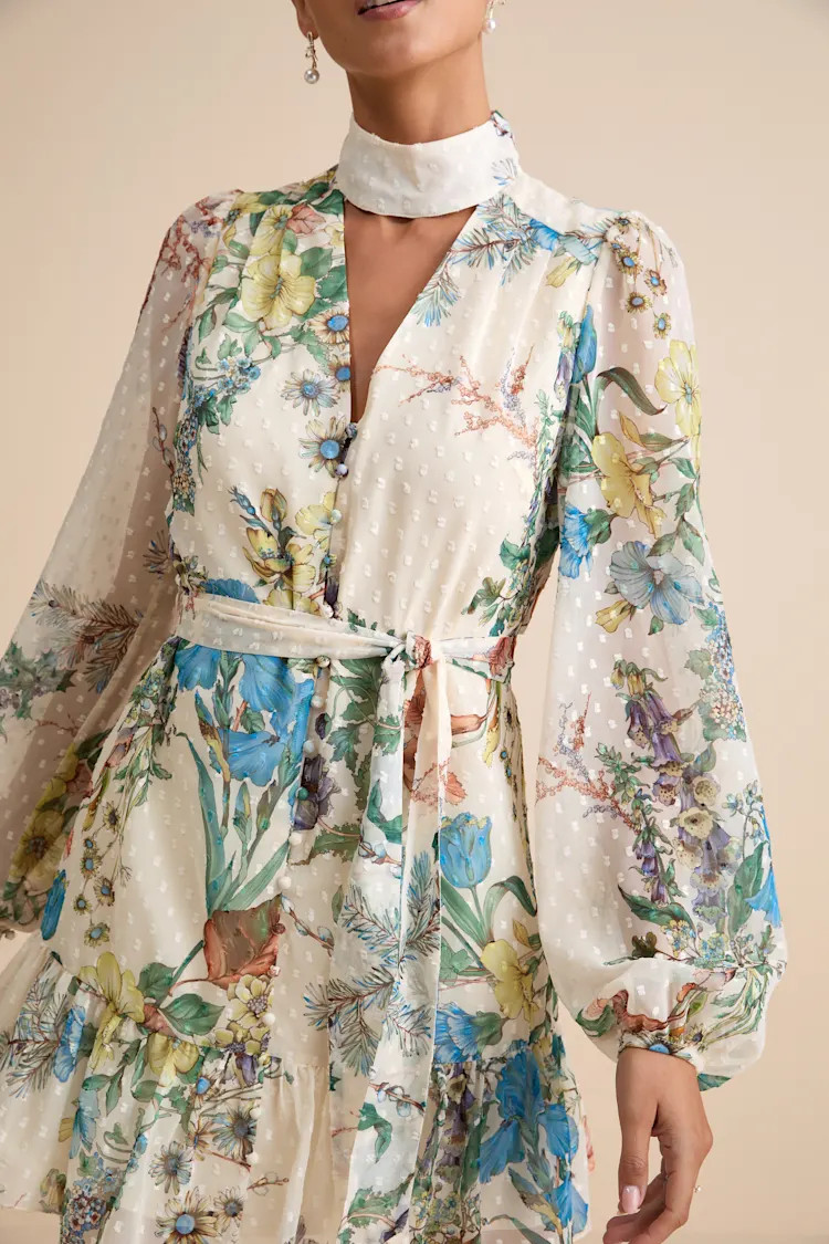 Ayame Ivory Floral Swiss Dot Balloon Sleeve Mini Dress | Lulus