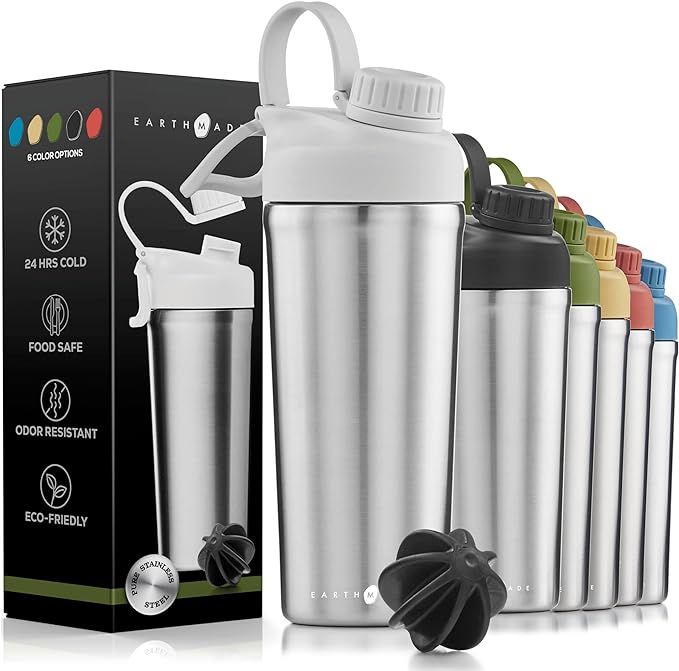 Earthmade Protein Shaker Bottle Stainless Steel, 28 Oz Insulated Shaker Bottles for Protein Mixes... | Amazon (US)