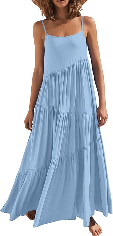LOGENE Women's Summer Casual Loose Dress Spaghetti Strap Beach Cover Up Long Cami Maxi Dresses | Amazon (US)