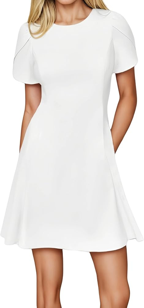 Azhong Women's Summer Short Sleeve Crew Neck Flared Mini Dress A-Line Petal Sleeve Flowy Party Dr... | Amazon (US)