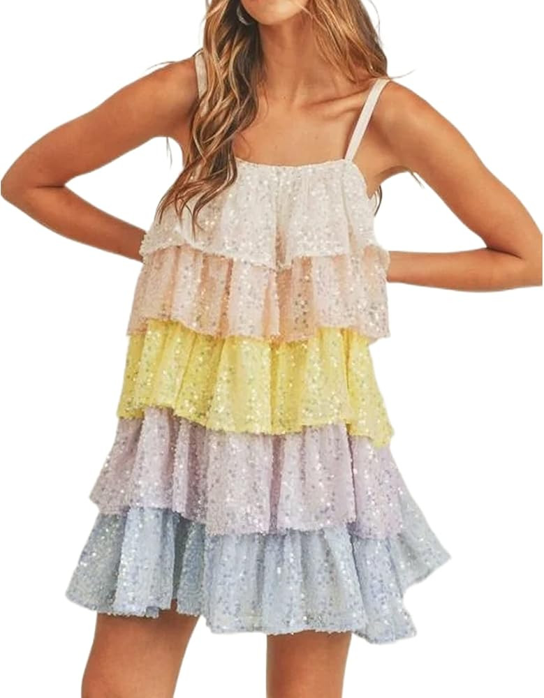 Women's Glitter Backless Sequin Dress Spaghetti Strap A Line Mini Dress Sparkle Layered Evening P... | Amazon (US)