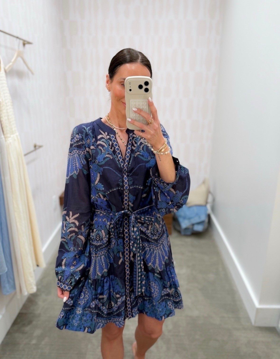 Such a pretty statement dress, the deep blue print is so eye catching and the flowy fit makes it feel effortless but still elevated. The tie waist is super flattering and perfect for dinners, events, or vacation nights.

blue dress, printed mini dress, date night outfit, vacation dress, statement dress, feminine style, flowy dress, elevated outfit, spring outfit ideas, warm weather outfit, annabrstyle

#LTKOver40 #LTKSeasonal #LTKTravel