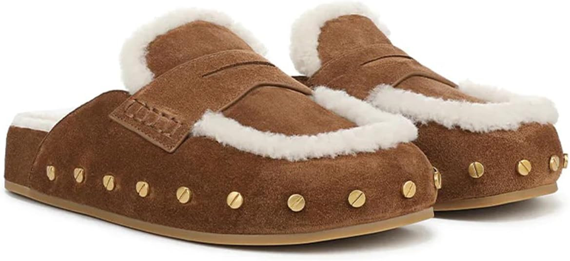 OMLISHZTY Studded Fur Lined Clogs for Women Suede Mule Loafers Slip on Round Closed Toe Backless ... | Amazon (US)