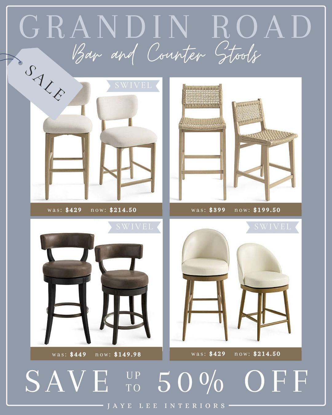 HUGE SAVINGS ON BAR STOOLS AND COUNTER STOOLS FROM GRANDIN ROAD!

top-quality, highly-durable bar and counter stools, swivel Bar stools, swivel counter stools, high back counter stool, kitchen counter stool, vintage kitchen island seating, dining chairs, dining furniture, counter height stool, bar height stool, leather stool, natural woven stool, traditional bar stools, swivel bar stool, coastal home styling, kid-friendly furniture, designer furniture, designer bar stools

#LTKHome#LTKFamily#LTKStyleTip 

 #LTKSaleAlert