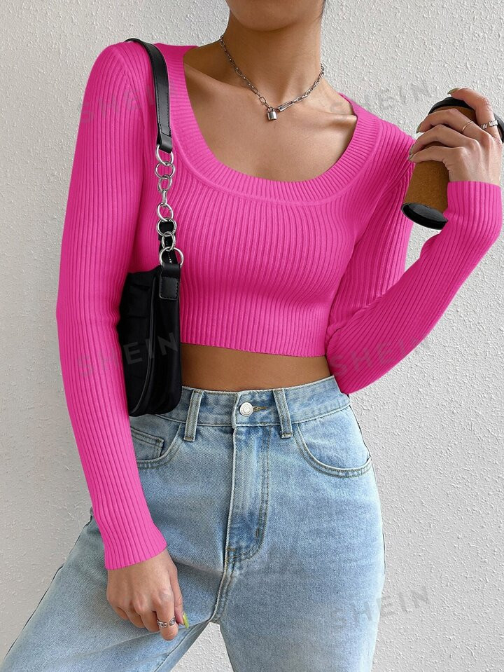 SHEIN EZwear Scoop Neck Ribbed Knit Crop Tee | SHEIN