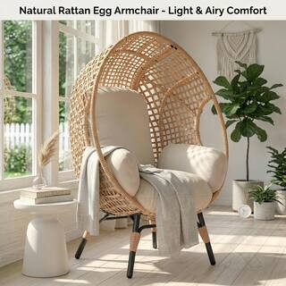1-Person Natural Rattan Brown Wicker Egg Swing Chair with Beige Cushion for Bedroom Garden Backya... | The Home Depot