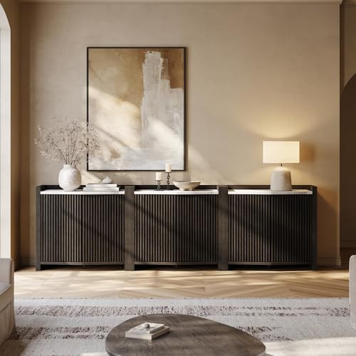 BELLEZE 105'' Modern Credenza with Adjustable Shelves, Set of 3 Modular Sideboard Buffet Cabinet with Storage,Fluted Black Console Table with Faux Marble Panel for Kitchen, Entryway, Dining Room | Amazon (US)
