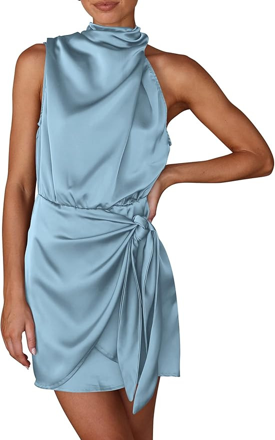 PRETTYGARDEN Women's Short Formal Satin Dress Summer Sleeveless Mock Neck Tie Waist Cocktail Part... | Amazon (US)