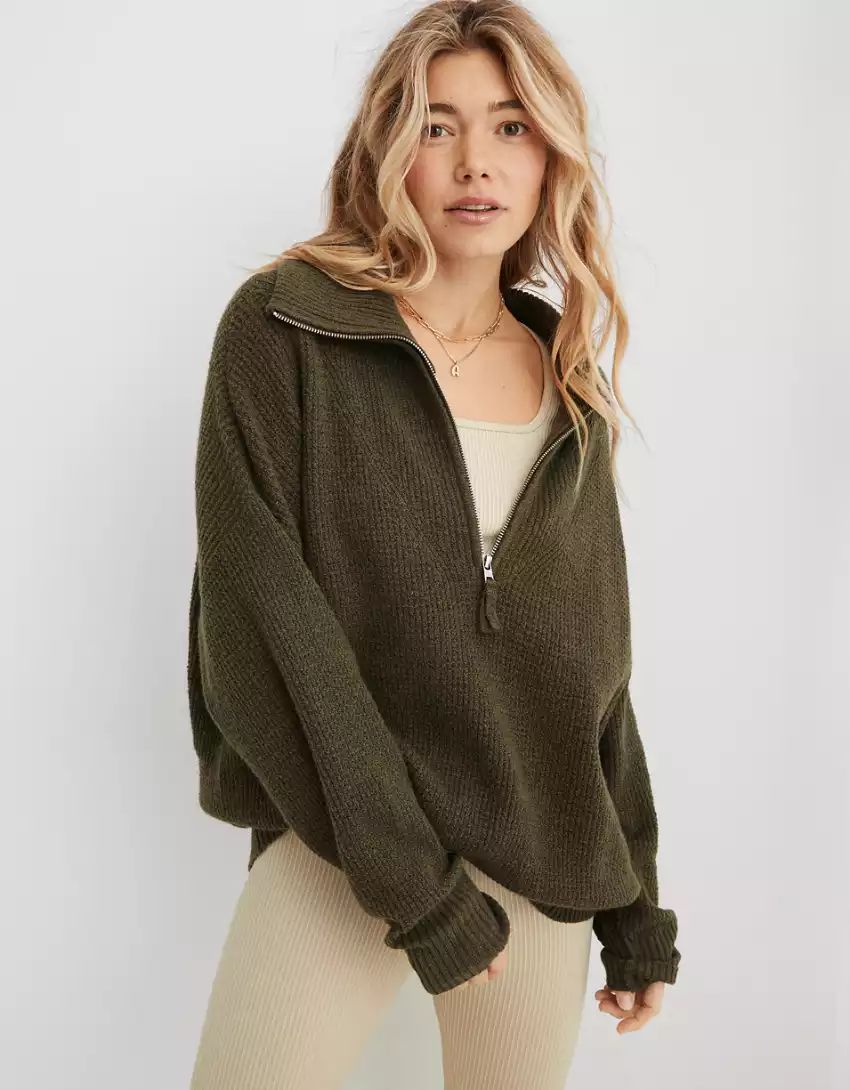 Aerie CozyUp Waffle Quarter Zip Sweater | Aerie