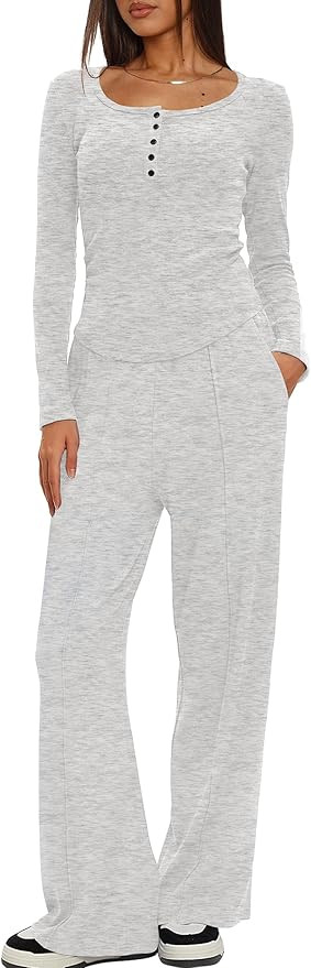 Darong Women's Fall Trendy 2 Piece Outfits Lounge Sets Long Sleeve Top Henley Shirts Wide Leg Pan... | Amazon (US)