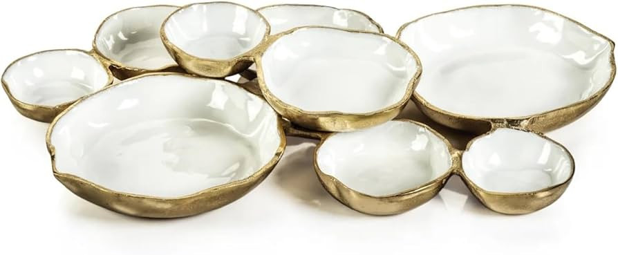 Zodax Cluster of Nine Round Serving Bowls | Gold and White Enamel | 19 in x 12 in x 2.5 in | Amazon (US)