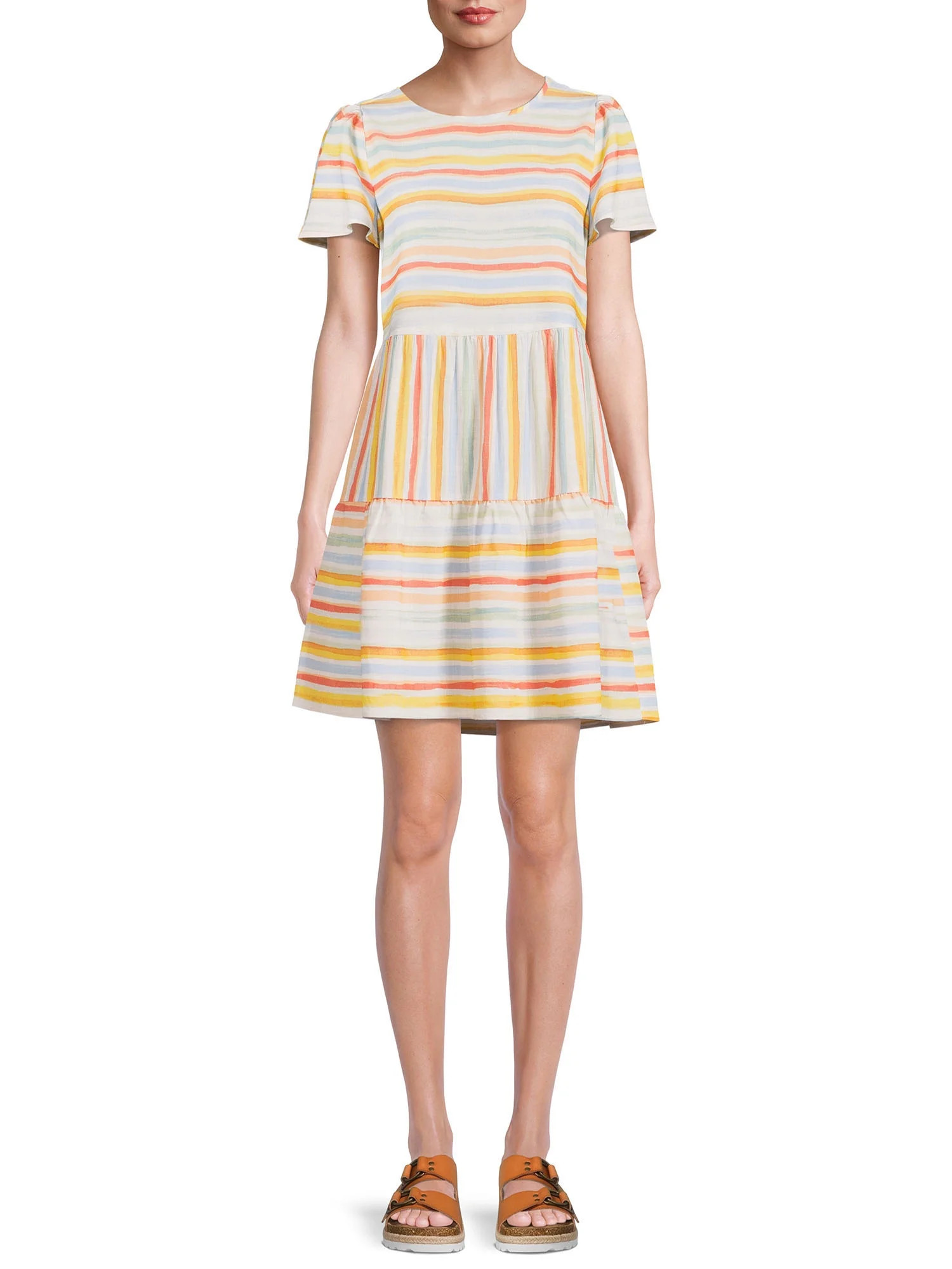 Time and Tru Women's Short Sleeve Printed Woven Mini Dress - Walmart.com | Walmart (US)