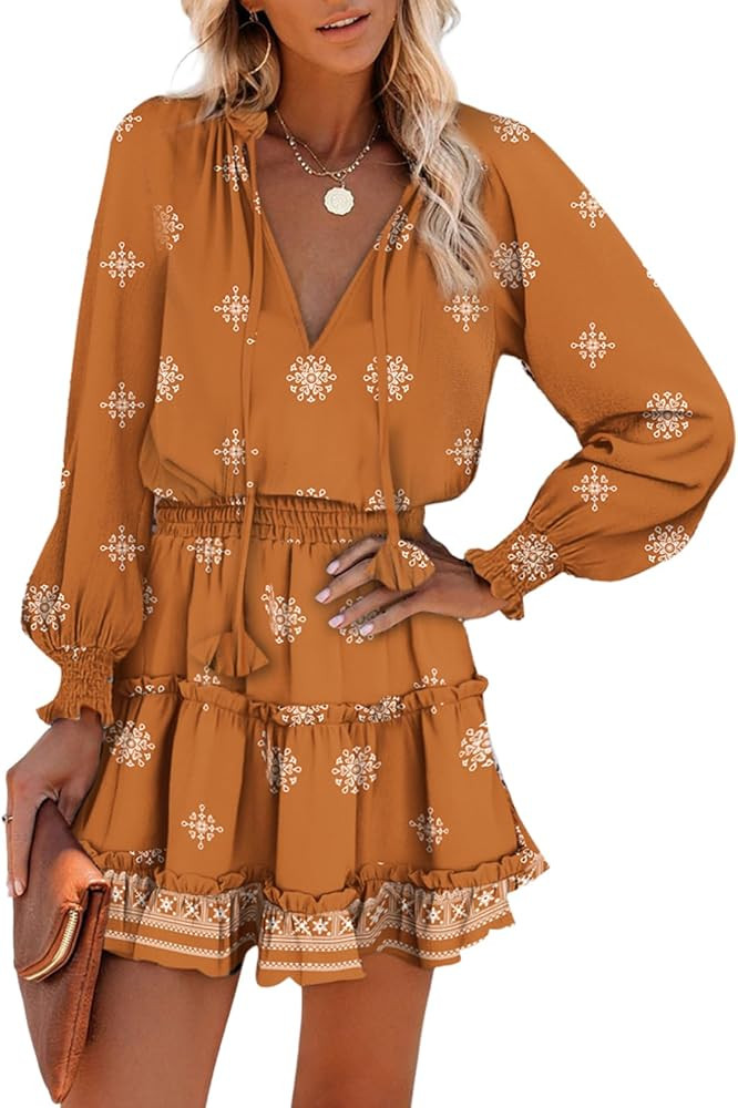 Dokotoo Spring Dresses for Women 2026 Boho Floral Drawstring V Neck Smocked Long Sleeve Ruffle Ti... | Amazon (US)