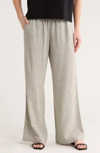 Caslon® Yarn Dye Linen Blend Pants in Olive- Ivory Ticking Stripe at Nordstrom Rack, Size Medium | Nordstrom Rack