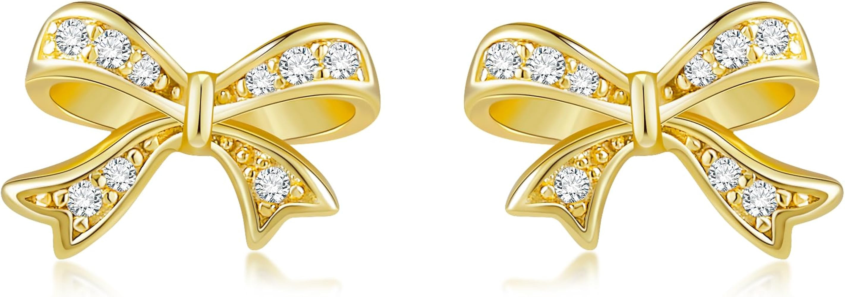 ANGELLIS 925 Sterling Silver Rhinestone Bow Earrings for Women - 14K Gold Plated Hypoallergenic C... | Amazon (US)