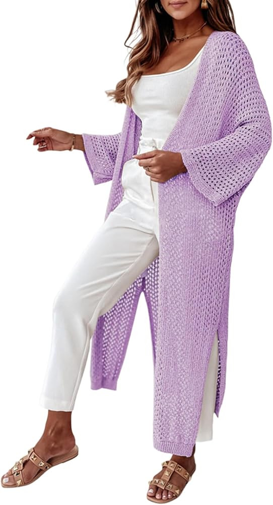 SHEWIN Women's Casual Long Sleeve Open Front Cardigan Lightweight Knit Loose Split Crochet Floor ... | Amazon (US)