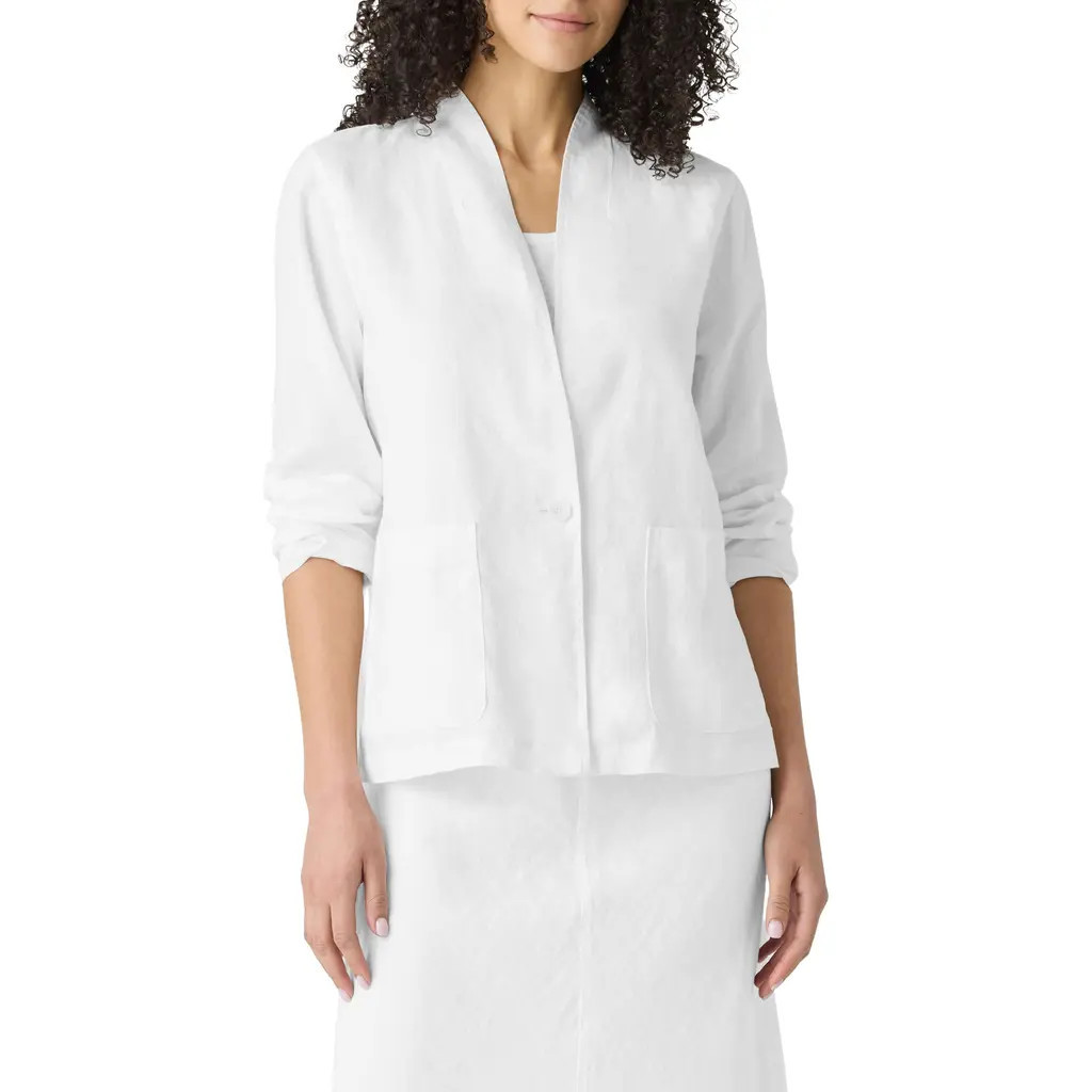 Eileen Fisher High Collar Organic Linen Jacket in White at Nordstrom, Size Large | Nordstrom